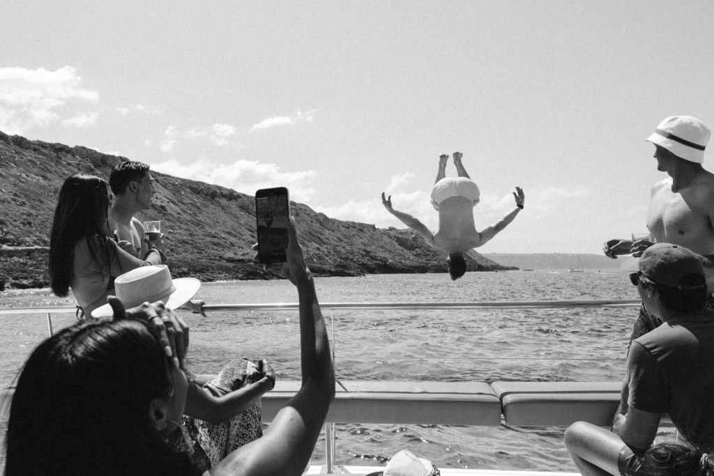 Mallorca pre wedding boat party jump